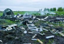 Wreckage of crashed plane scattered across field, smoke rising.