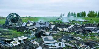 Wreckage of crashed plane scattered across field, smoke rising.