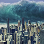 Massive wave about to hit a city skyline.