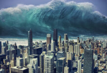 Massive wave about to hit a city skyline.