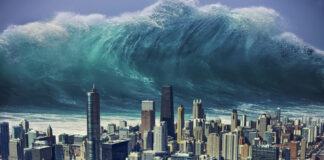 Massive wave about to hit a city skyline.