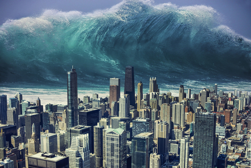 Massive wave about to hit a city skyline.