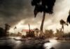 Damaged house with debris in stormy landscape.