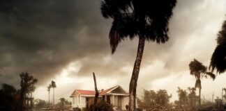 Damaged house with debris in stormy landscape.