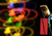 Microphone with "Karaoke" tag, colorful lights in background.