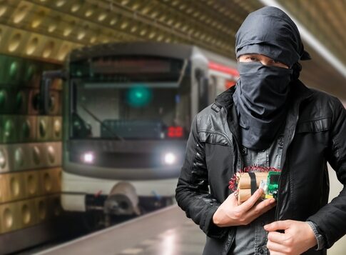 Man with cloth-covered face holding device in subway.