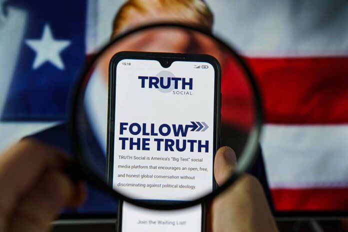 Phone displaying Truth Social app over American flag background.