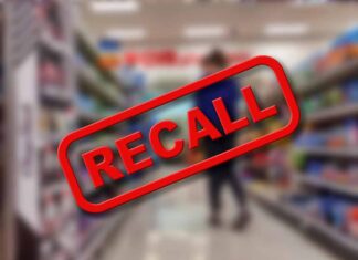 Recall text over blurred supermarket background.