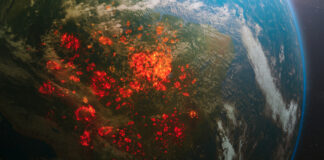 Wildfires burning in South America as seen from space.