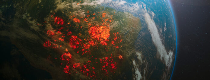 Wildfires burning in South America as seen from space.