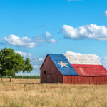 Barn with Texas flag painted on roof, tree nearby.