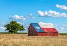 Barn with Texas flag painted on roof, tree nearby.