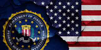 FBI logo beside partially torn American flag background.