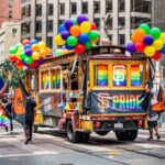 San Francisco trolley adorned with pride decorations and balloons.