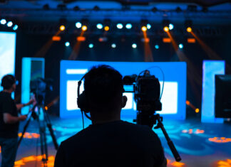 Camera operators filming a brightly lit stage.