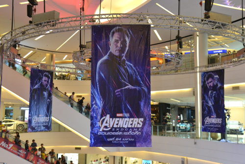 Mall with Avengers: Endgame banners featuring Hawkeye.