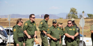 Uniformed officers standing outdoors next to traffic cones.