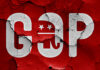 GOP elephant logo on a cracked red background.