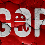 GOP elephant logo on a cracked red background.