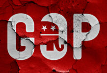 GOP elephant logo on a cracked red background.