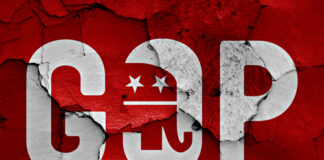 GOP elephant logo on a cracked red background.