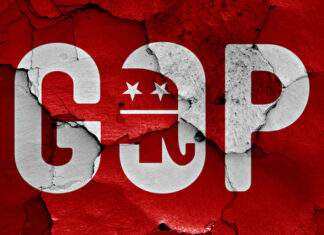 GOP elephant logo on a cracked red background.