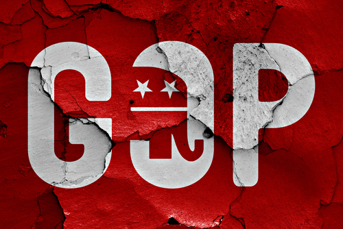 GOP elephant logo on a cracked red background.