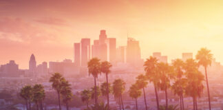 Los Angeles skyline with palm trees at sunset.