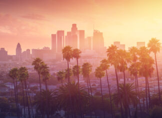 Los Angeles skyline with palm trees at sunset.