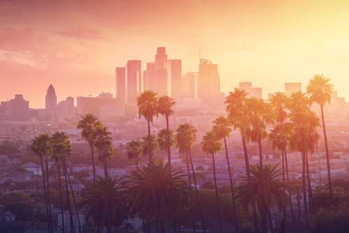 Los Angeles skyline with palm trees at sunset.