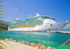 Large cruise ship docked near turquoise water and foliage.