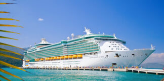 Large cruise ship docked near turquoise water and foliage.