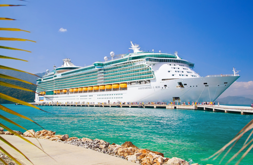 Large cruise ship docked near turquoise water and foliage.