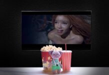 Stuffed toy with popcorn, soda, TV displaying mermaid scene.