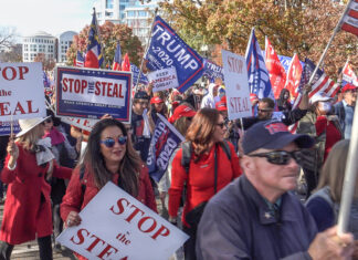 Protesters holding signs and flags at a rally