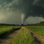 A tornado forming in a rural landscape under dark storm clouds