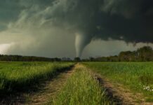 A tornado forming in a rural landscape under dark storm clouds