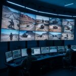 Military personnel monitoring operations from a command center with multiple screens
