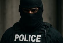 A police officer in tactical gear with a mask and badge
