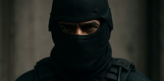 A police officer in tactical gear with a mask and badge