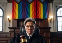 A female judge in a courtroom holding a gavel with rainbow flags in the background