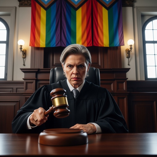 A female judge in a courtroom holding a gavel with rainbow flags in the background