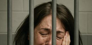 A woman in a prison cell showing signs of emotional distress