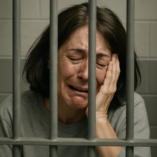 A woman in a prison cell showing signs of emotional distress