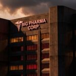 Big Pharma SHATTERED — Doctor-Approved Drug Kits Spark Outrage… Exterior view of a corporate pharmaceutical building at dusk