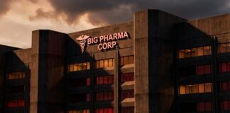 Exterior view of a corporate pharmaceutical building at dusk