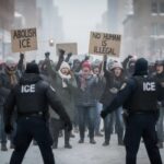 ICE Agent VANISHES After Gunpoint Highway Ambush… Protesters holding signs against ICE in a snowy urban setting