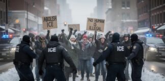 Protesters holding signs against ICE in a snowy urban setting