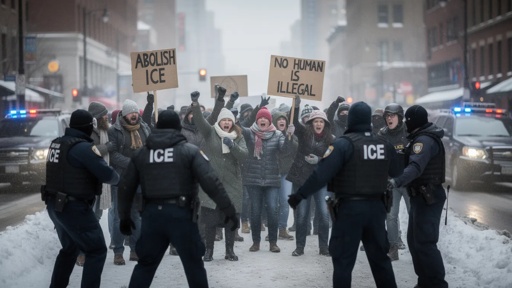 shutterstock_2723861713.jpg Protesters holding signs against ICE in a snowy urban setting