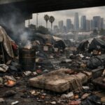 Homeless Camps FORCED Into Every Park Statewide… A homeless encampment with tents and debris in the foreground, city skyline visible in the background